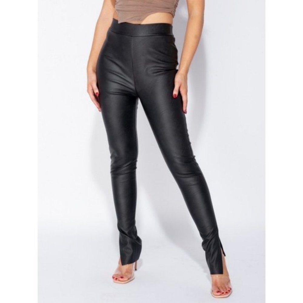 Black High Waist Vegan Leather Faux Leather Split Hem Skinny Pants - Picture 7 of 8